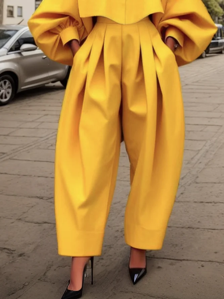

Plus Size Plain Loose Urban Fashion Pants, Yellow, Plus Pants
