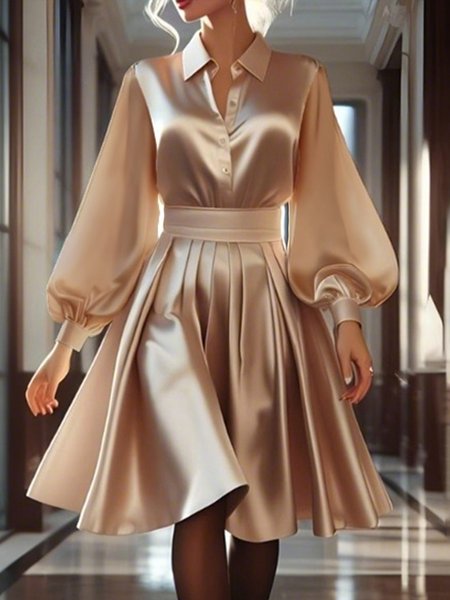 

Elegant Shirt Collar Plain Balloon Sleeve Party Dress, As picture, Midi Dresses