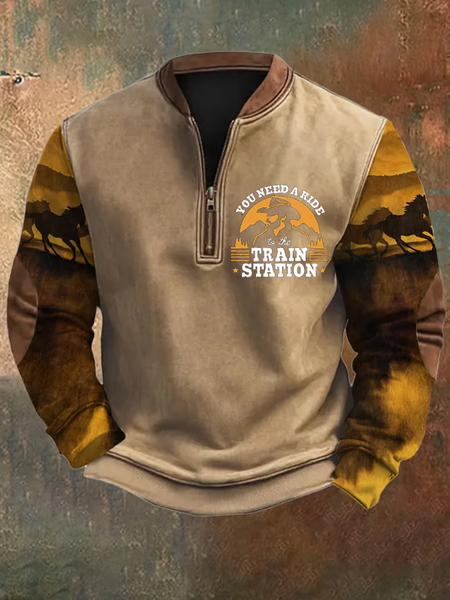 

Men's You Need a Ride to the Train Station Zip Collar Sweatshirt, Khaki, Hoodies&Sweatshirts