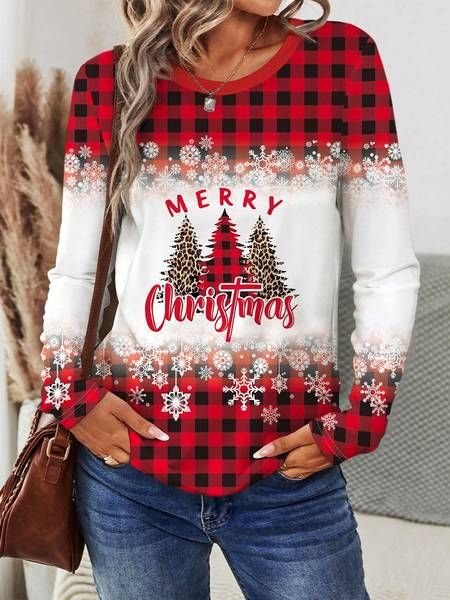 

Women's Long Sleeve Tee T-shirt Spring/Fall Plaid Jersey Crew Neck Daily Going Out Casual Top, Red, T-Shirts