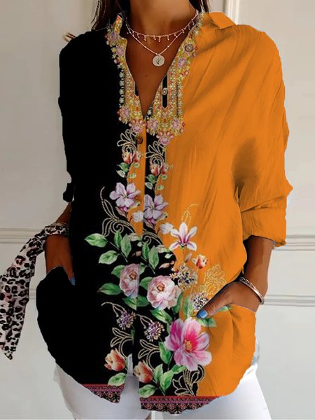 

Shirt Collar Long Sleeve Floral Regular Loose Shirt For Women, Multicolor, Shirts