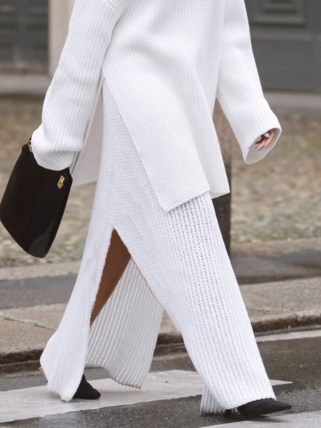 Side-Slit Loose Casual Sweater Skirt, White, Skirts