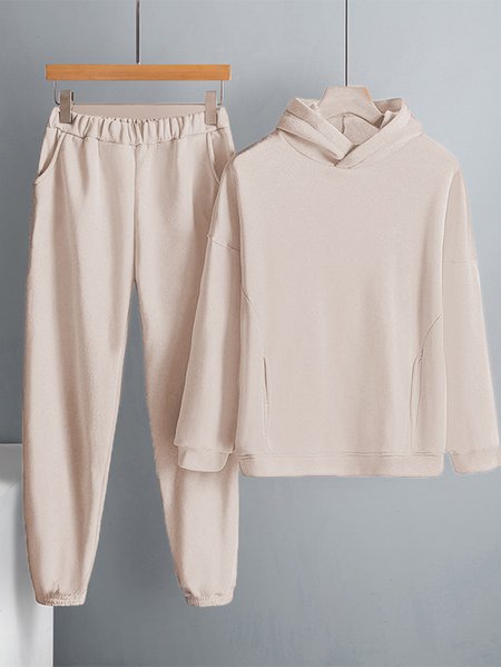 

Women's Pocket Stitching Plain Daily Going Out Two Piece Set Long Sleeve Casual Spring/Fall Top With Pants Matching Set, Apricot, Suit Set