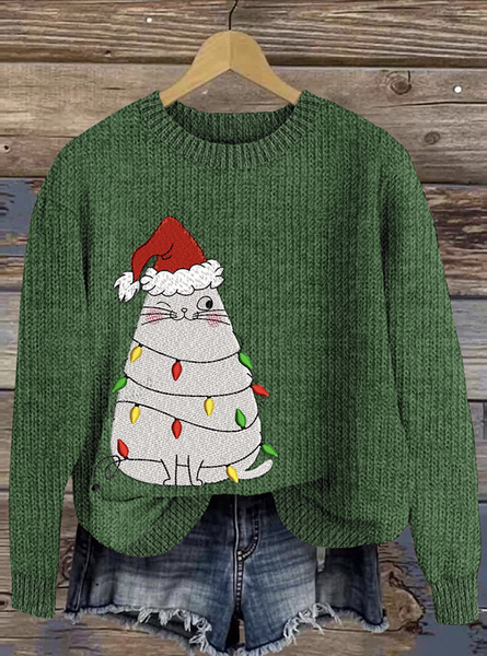 

Christmas Cute Fat Cat Round Neck Sweater, Green, Sweaters