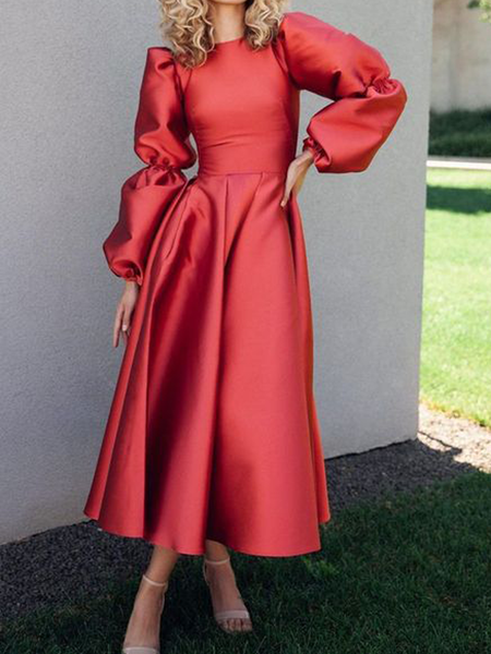 

Elegant Puff Sleeve Plain Party Dress, Red, Maxi Dresses