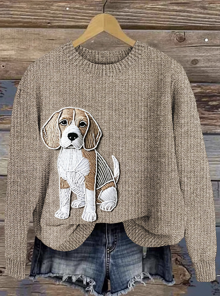 Cute pet dog art knit round neck sweater, Coffee, Sweaters