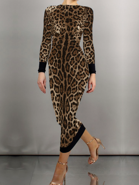 

Plus Size Tight Medium Elasticity Regular Sleeve Elegant Feather Leopard Dress, Plus Dresses