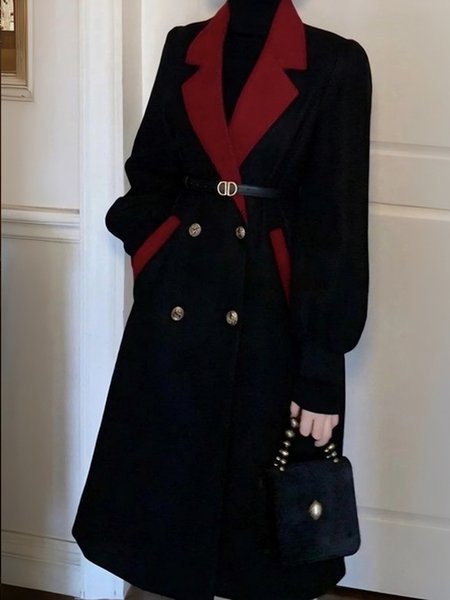 

Woolen Urban Lapel Collar Coat With No Belt, Black, Coats