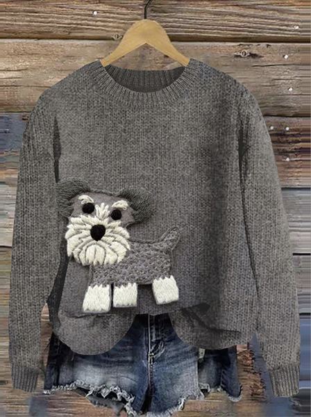 

Women Knitted Pet Dog Print Long Sleeve Comfy Casual Sweater, Gray, Sweaters