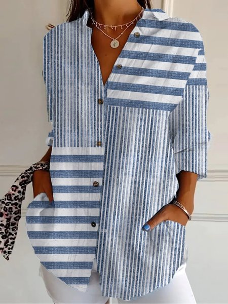 Loose Shirt Collar Casual Shirt, Blue, Blouses & Shirts