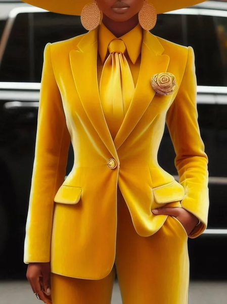 

Plus Size Urban Lapel Collar Blazer With No Brooch, Yellow, Plus Outerwear
