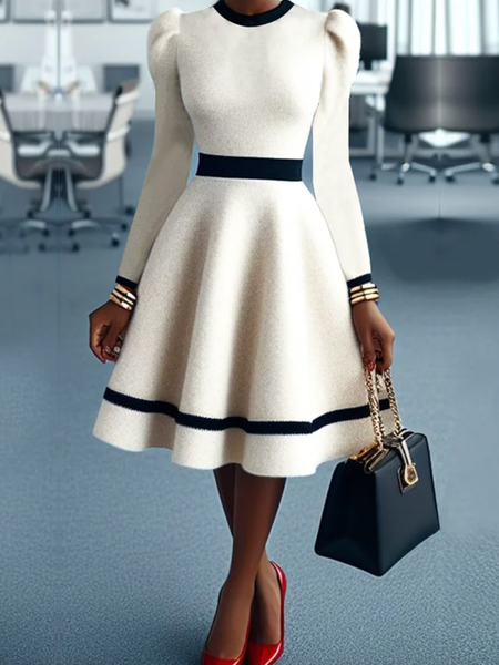 

Plus Size Medium Elasticity Color Block Elegant Mini Sweater Dress, Black-white, Plus Dresses