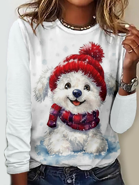 Dog Christmas Crew Neck Regular Fit Casual Dog Blouse, White, Long sleeves