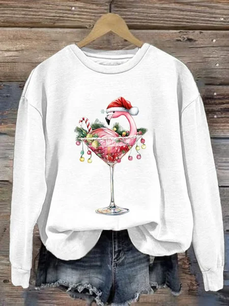 

Women's Flamingo Christmas Print Sweatshirt, White, Hoodies&Sweatshirts