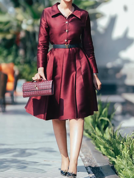 Elegant Plain Shirt Dress With No Belt, Wine red, Midi Dresses