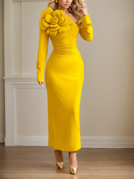 

Elegant 3D Floral Plain Party Dress, Yellow, Maxi Dresses