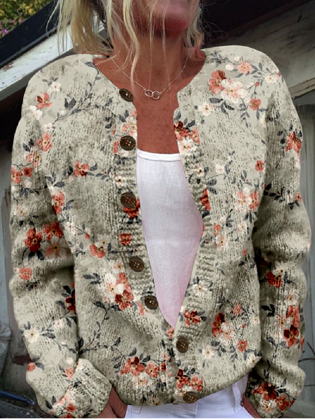 Crew Neck 3D Printing Knitted Casual Cardigan, As picture, Cardigans