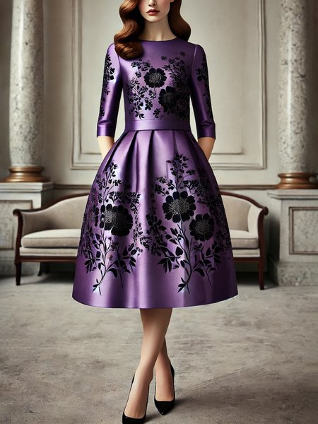 

Floral Crew Neck Elegant Party Dress, Purple, Midi Dresses