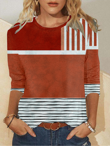 

Casual Abstract Crew Neck Long Sleeve T-shirt, Orange red, T-shirts