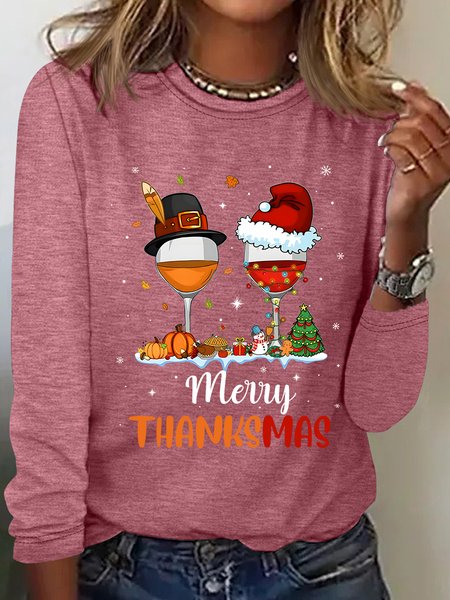 

Funny Thanksgiving Christmas Happy Thanksmas Wine Casual Long Sleeve Shirt, Watermelon, Long sleeves