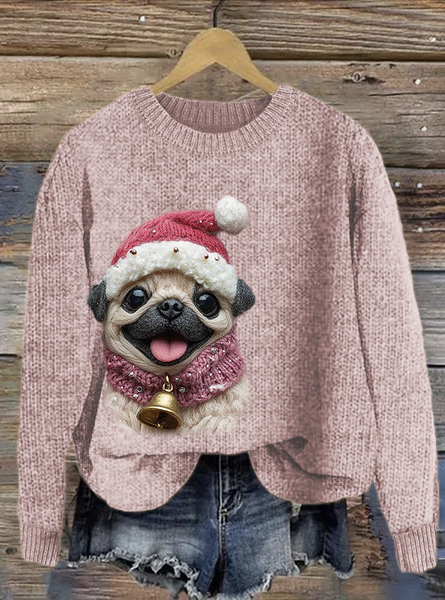 

Christmas Pet Dog Art Round Neck Sweater, Pink, Sweaters