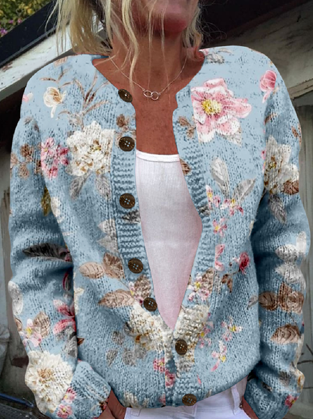 

Crew Neck 3D Printing Vintage Knitted Cardigan, As picture, Cardigans