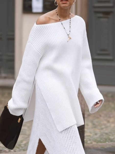 

Loose Plain Casual Sweater, White, Pullovers