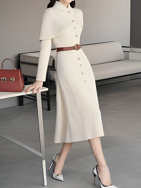 

High Elasticity Stand Collar Elegant Sweater Dress With No Belt, Off white, Midi Dresses