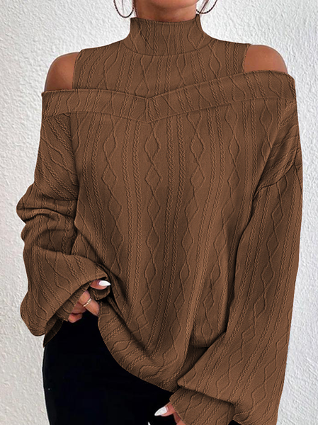 

Loose Plain Casual Turtleneck Blouse, Coffee, Long Sleeves