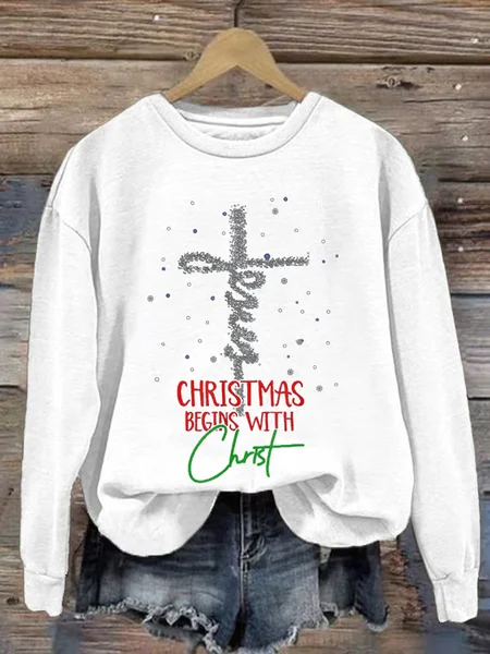 

Women's Christmas Begins With Christ Snowman Print Round Neck Sweatshirt, White, Hoodies&Sweatshirts