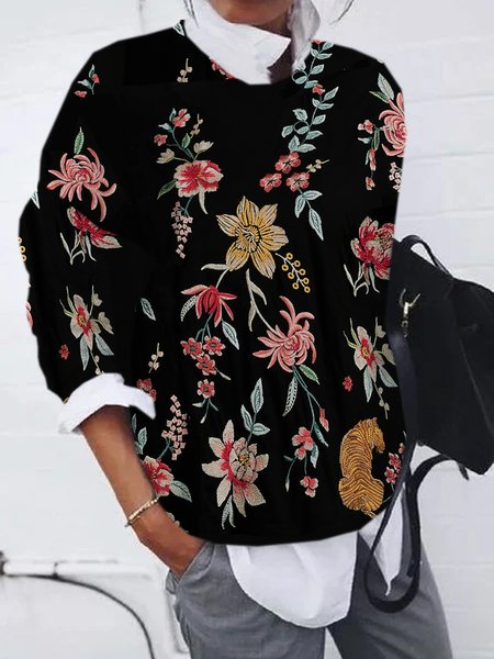 Casual Crew Neck Floral Sweatshirt Zipper, Black, Hoodies & Sweatshirts