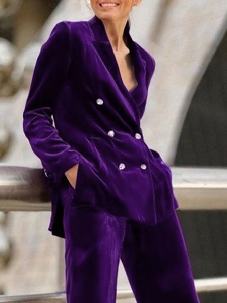 

Plus Size Velvet Lapel Collar Plain Urban Buttoned Blazer, Purple, Plus Outerwear