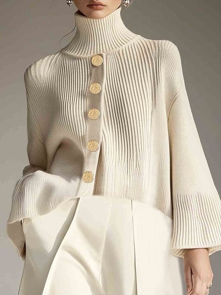 Plain Casual Buttoned Raglan Sleeve Sweater, Off white, Pullovers