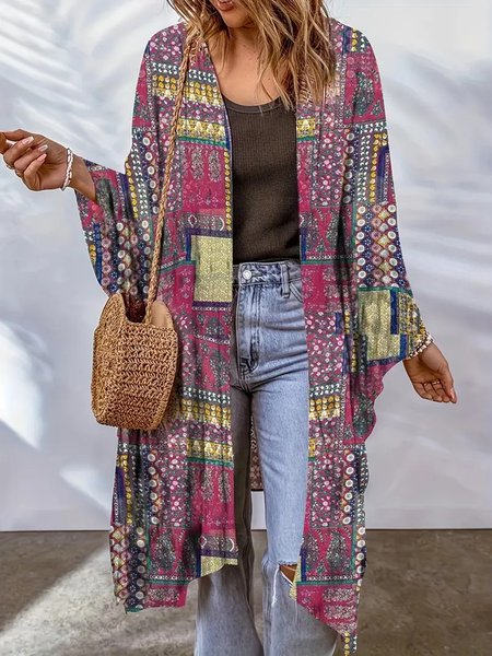 

Women's Spring/Fall Outerwear Boho Ethnic Shawl Jacket, Rose red, Coats