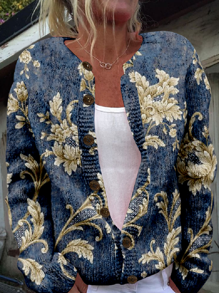 

Floral Vintage Knitted Crew Neck Cardigan, As picture, Cardigans