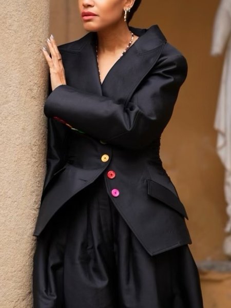 Plain Lapel Collar Casual Jacket, Black, Jackets