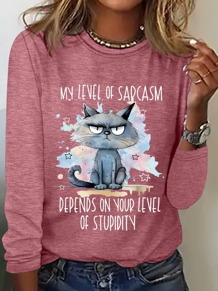 

My Level Of Sarcasm Angry Cat Casual Long Sleeve Shirt, Watermelon, Long sleeves