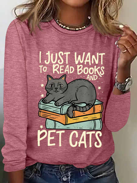 

I Just Want To Read Books And Pet Cats Casual Long Sleeve Shirt, Watermelon, Long sleeves