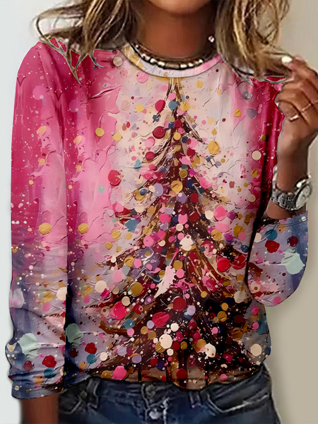 Casual Christmas Crew Neck Long Sleeve T-shirt, Red, T-shirts