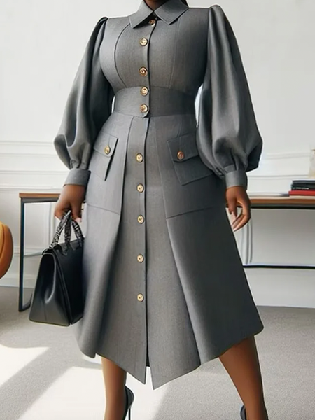 

Plus Size Balloon Sleeve Plain Elegant Regular Fit Midi Dress, Gray, Plus Dresses