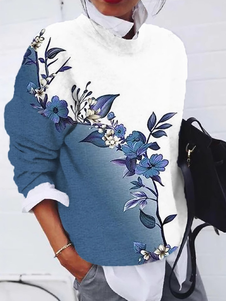 

Casual Crew Neck Floral Sweatshirt Zipper, Blue, Hoodies & Sweatshirts