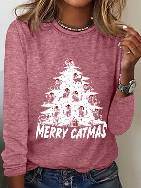 

Funny Christmas Cat Tree Casual Long Sleeve Shirts, Watermelon, Long sleeves