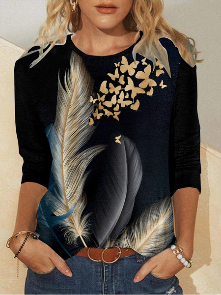 

Casual Butterfly Crew Neck Long Sleeve T-shirt, Black, T-shirts
