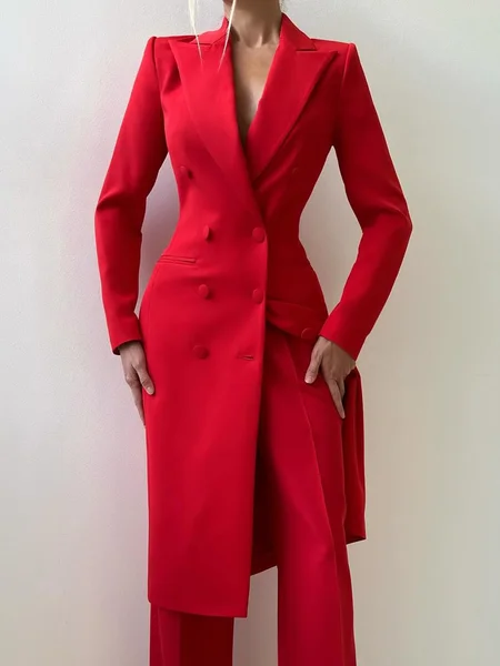 

Tuxedo Urban Buttoned Mid-long Blazer, Red, Blazers