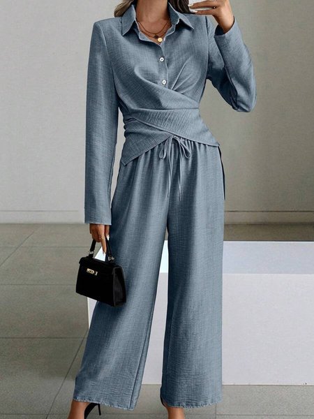 

Women's Plain Daily Going Out Two Piece Set Long Sleeve Casual Spring/Fall Top With Pants Matching Set, Grey-blue, Suit Set
