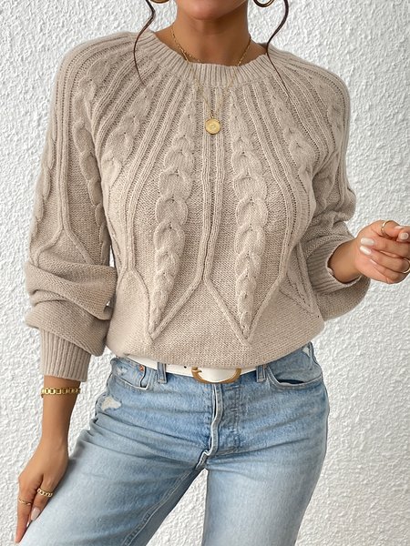 Casual Crew Neck Plain Loose Sweater, Khaki, Sweaters & Cardigans