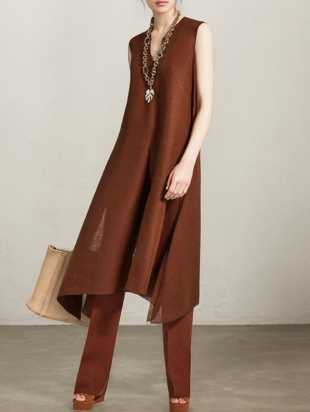 

Cotton And Linen Linen Crew Neck Tank Top, Brown, Tank Tops & Camis