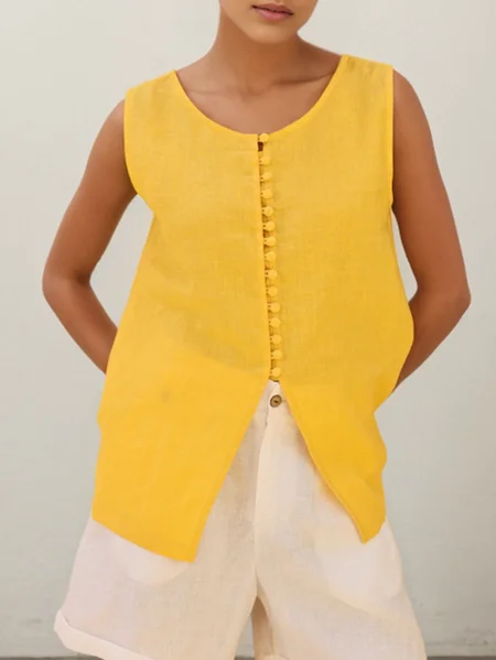 

Linen Crew Neck Tank Top, Yellow, Tank Tops & Camis