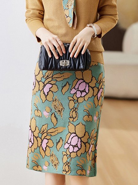 

Elegant Floral Sweater Skirt, As picture, Skirts