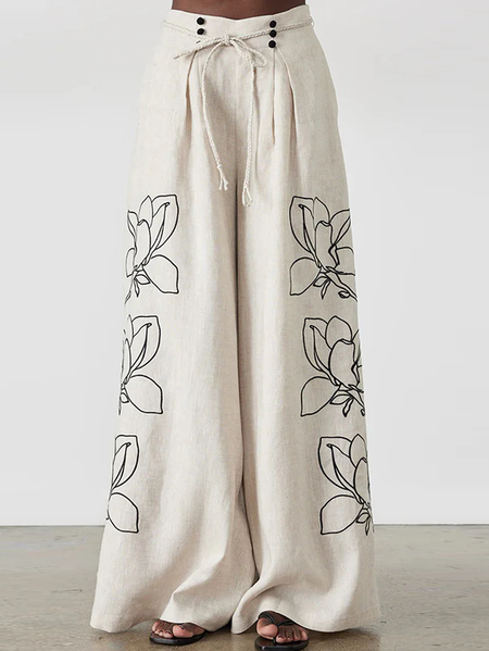 

Linen Loose Floral Cotton And Linen Pants, Oatmeal, Pants